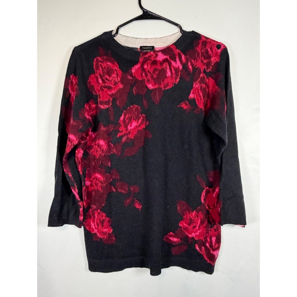 Talbots Pure Cashmere Floral Rose Sweater Black Red Crew Neck Womens Medium